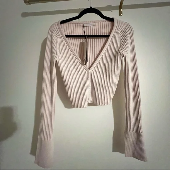 John Elliott Cropped Rib Knit Silk Cotton Cardigan – Pink – Size L - Picture 5 of 6